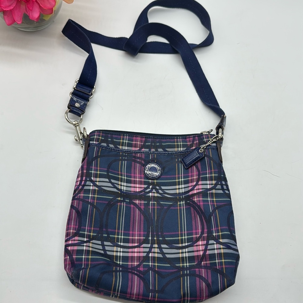 Coach Blue Purple Plaid Logo Crossbody Bag CP7543B